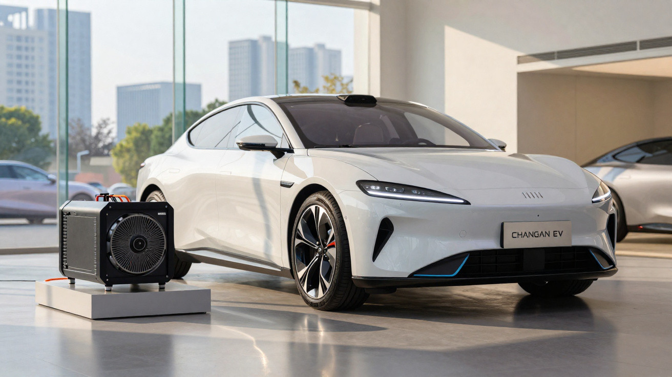 Weisses Changan EV Elektroauto in modernem Showroom mit städtischer Kulisse im Hintergrund.