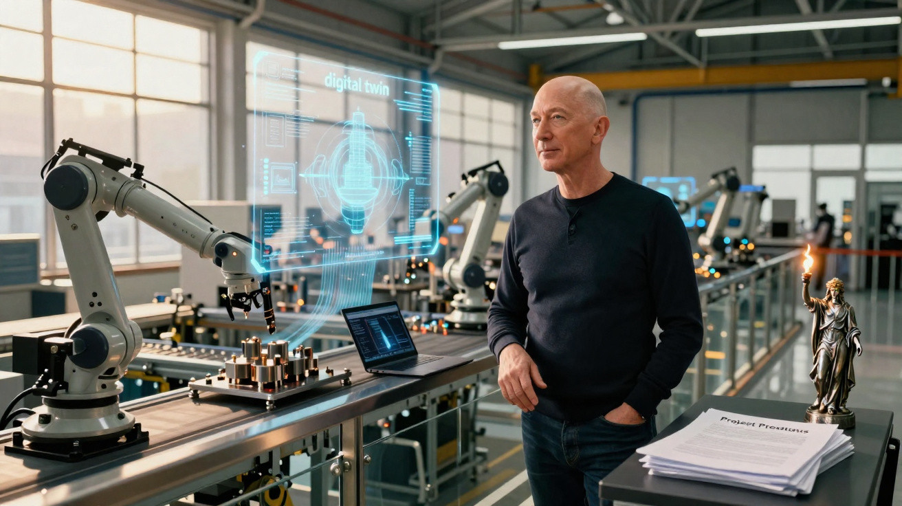Mann in Fabrik mit Industrieroboterarm und digitaler 3D-Projektion «digital twin» auf Monitor.