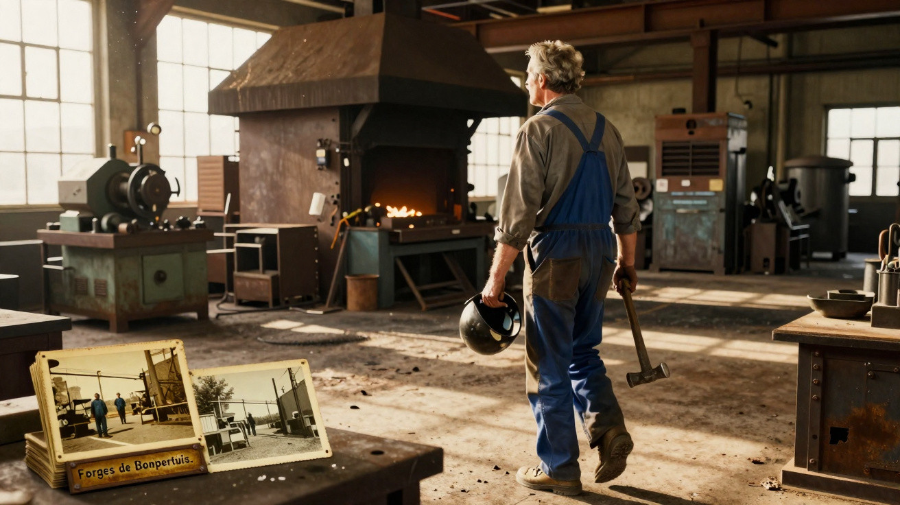 Älterer Schmied in Arbeitskleidung hält Helm und Hammer in einer Schmiede mit geschmolzenem Metall.