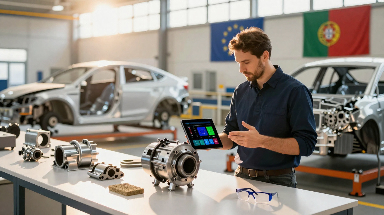 Mann in Werkstatt analysiert Autoteile mit Tablet, zwei entkernte Autos im Hintergrund.