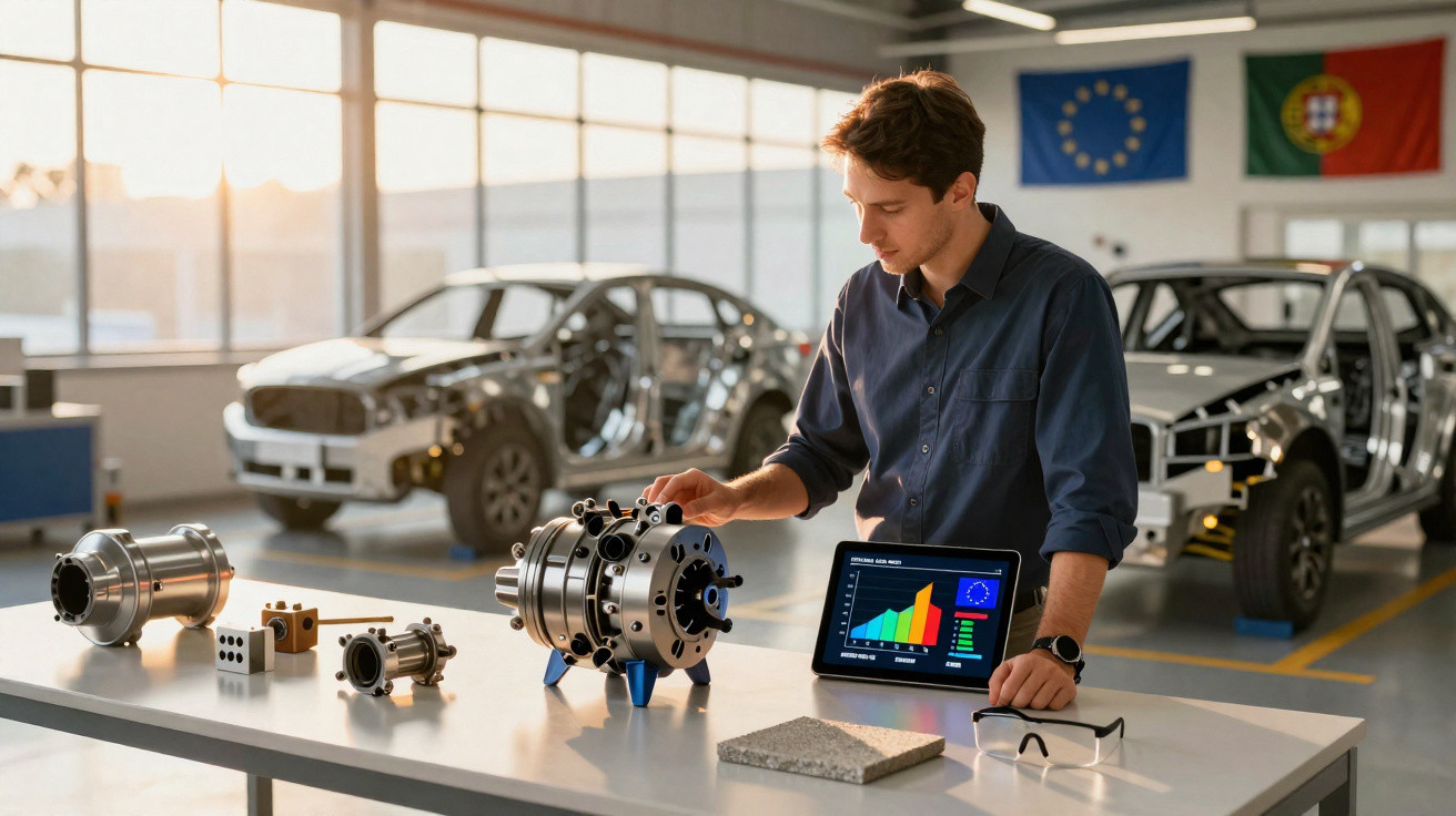 Ein Ingenieur testet elektrische Fahrzeugkomponenten in einer Werkstatt mit Fahrzeugrahmen im Hintergrund.