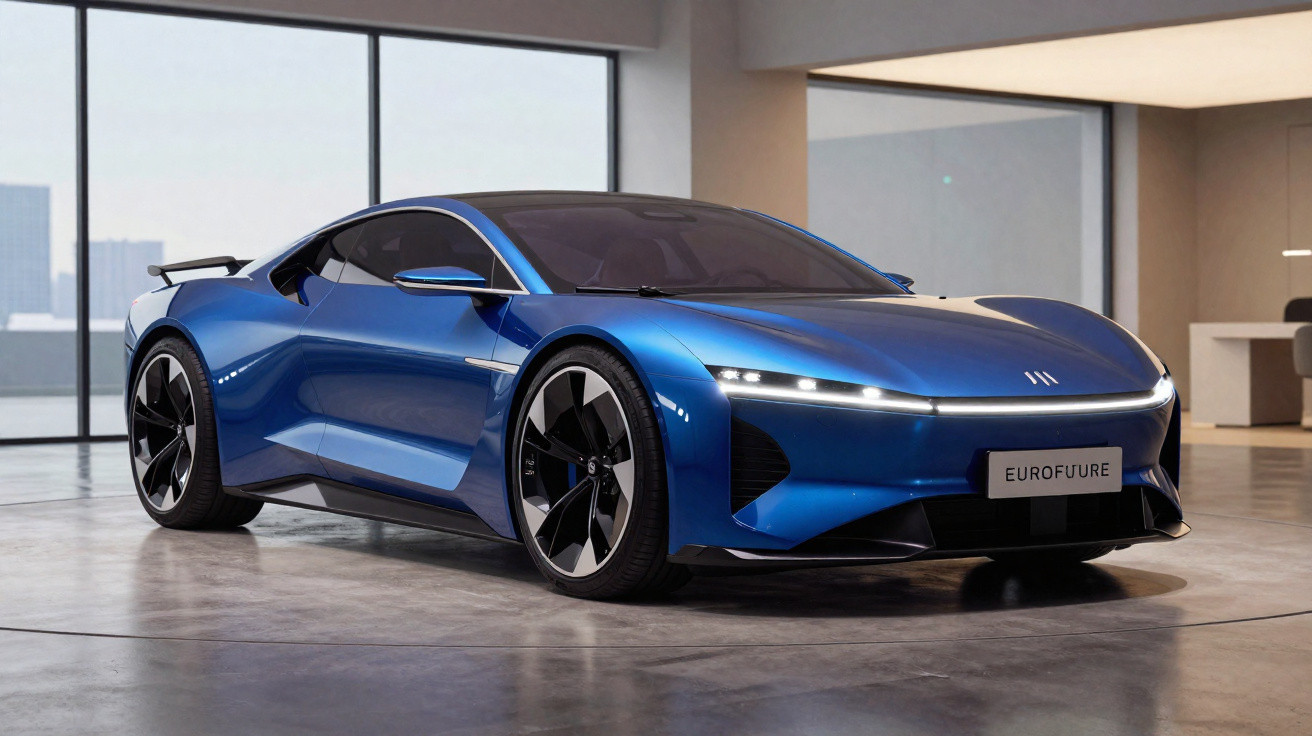 Blauer moderner Elektro-Sportwagen Eurofuture in einem hellen, minimalistischen Showroom.