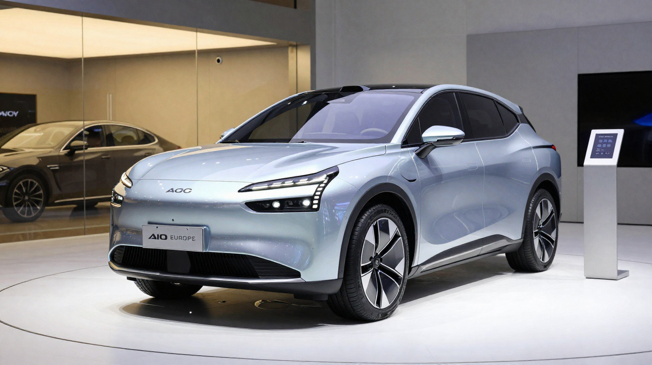 Silberner Aion AIO Elektro-SUV auf weiss beleuchtetem Podest in modernem Ausstellungsraum.