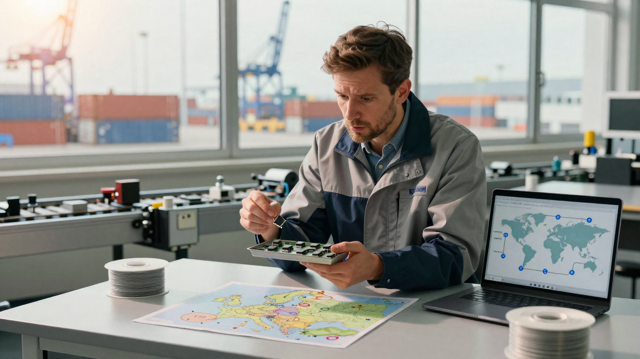 Mann in Werkstatt untersucht elektronische Platine, auf Tisch Weltkarte, Laptop zeigt Weltkarte mit Verbindungen.