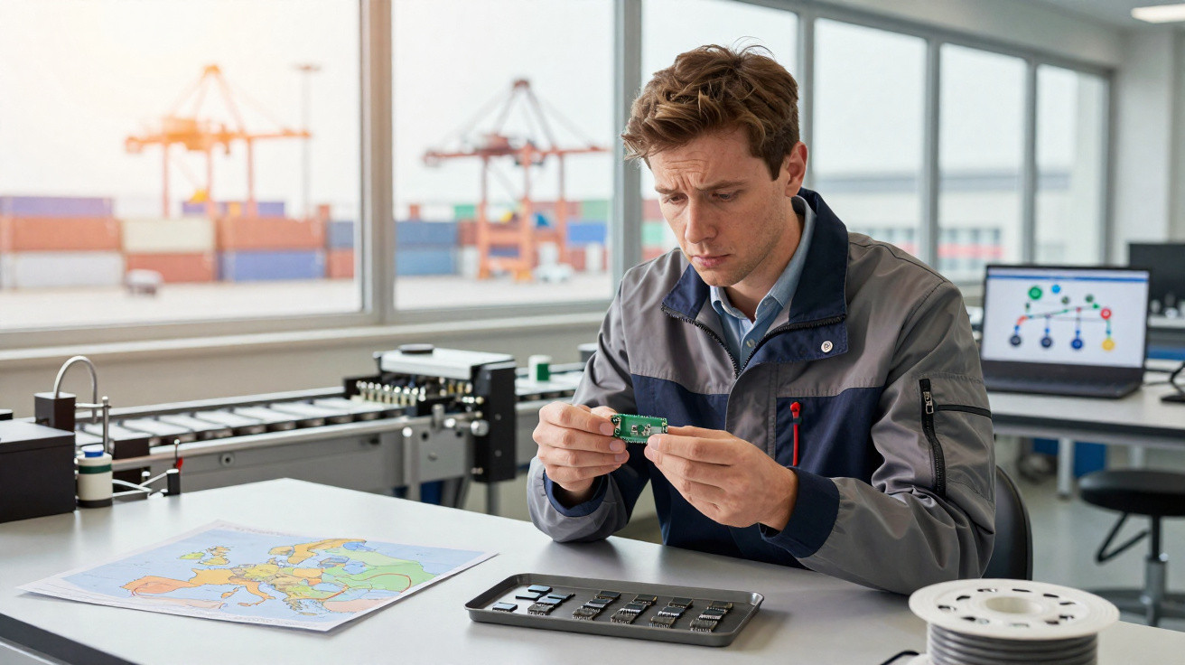 Techniker inspiziert elektronische Bauteile an einem Tisch in hellem Raum mit Hafen-Hintergrund.