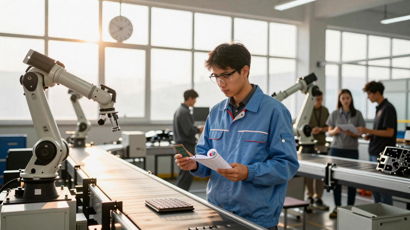Ingenieur im blauen Overall prüft Zahlen und Pläne in einer modernen Fabrik mit Roboterarmen.