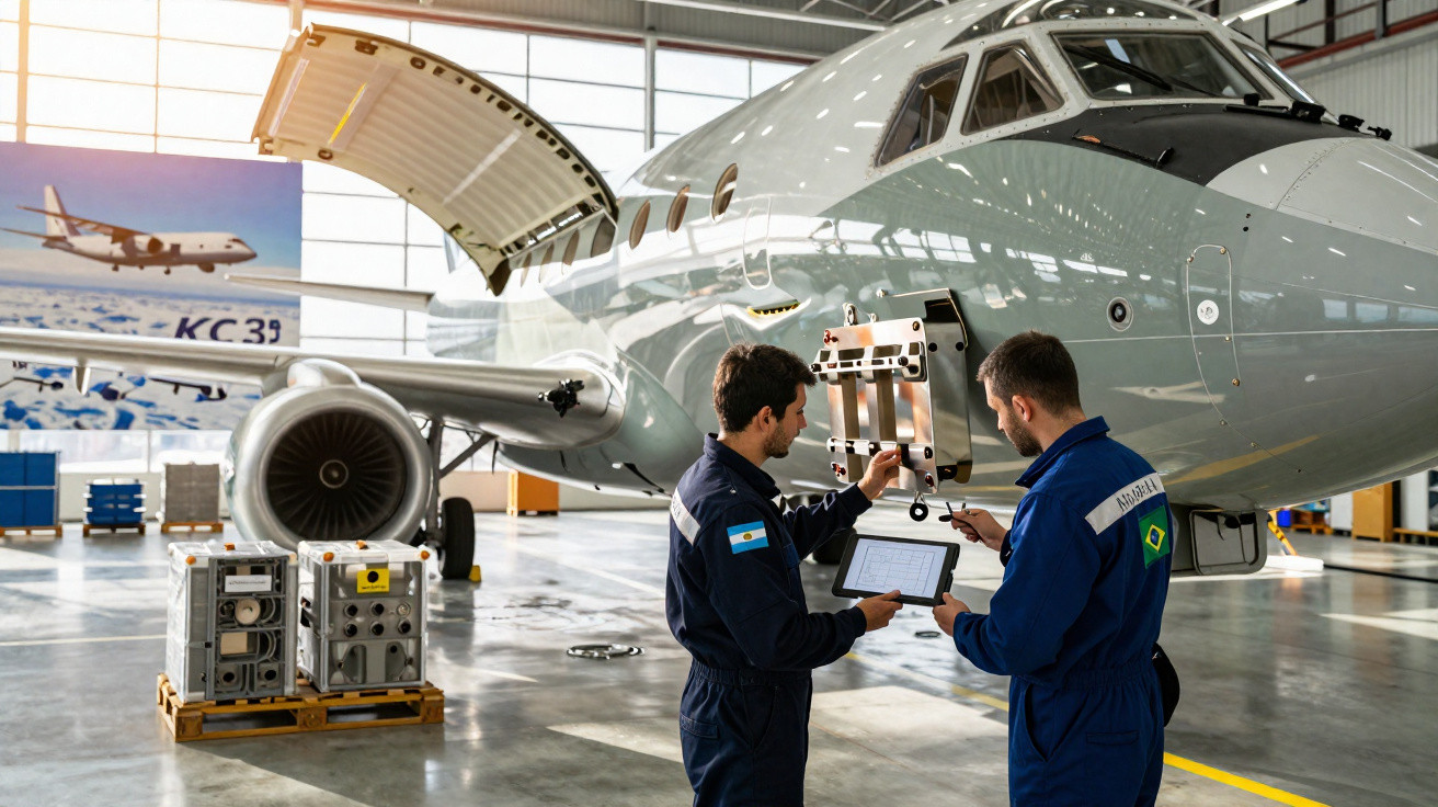 Zwei Techniker überprüfen mit Tablet und Werkzeug die Flugzeugnase in einer modernen Flugzeughangar.