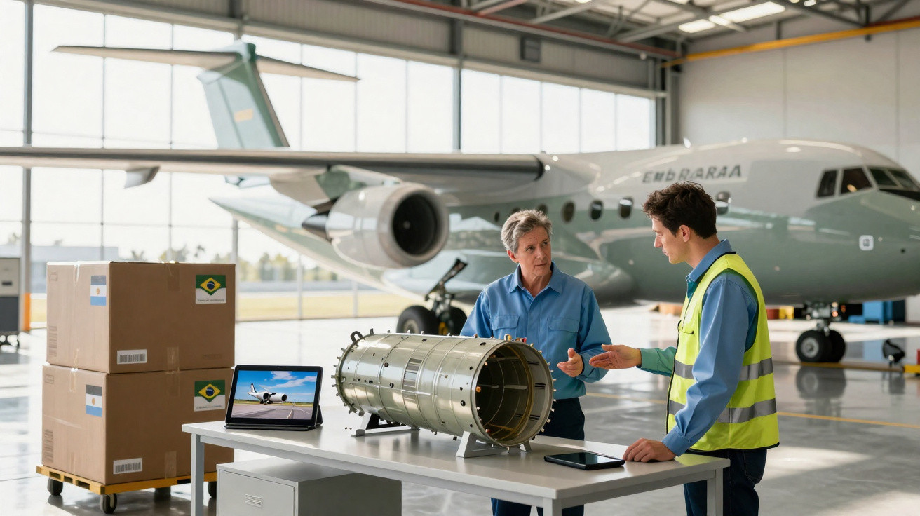 Zwei Männer besprechen Luftfahrzeugtriebwerksteile in einer Flugzeughangar mit Flugzeug im Hintergrund.
