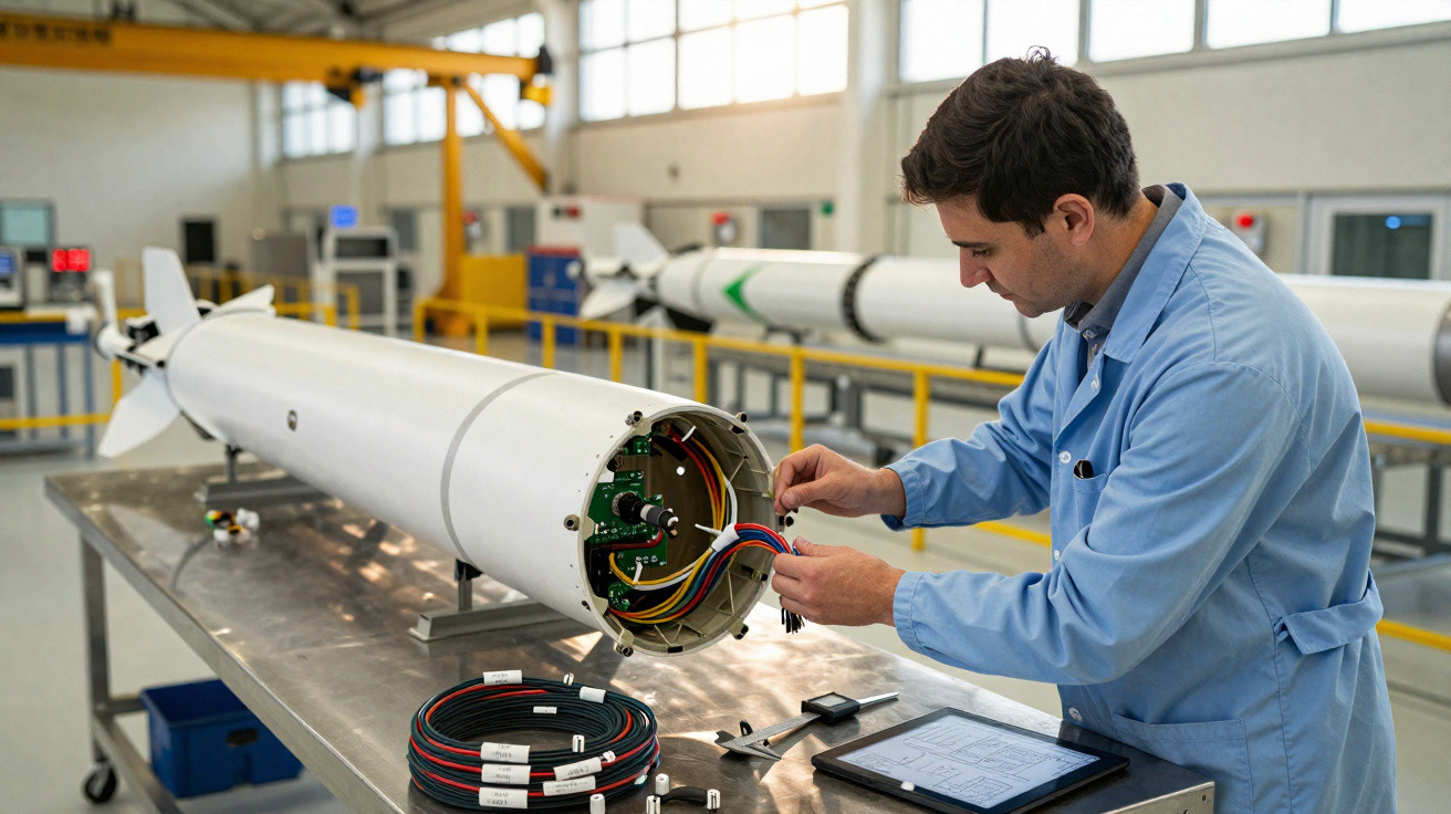 Ingenieur in Werkstatt überprüft elektrische Verkabelung einer Rakete auf Arbeitstisch mit Tablet und Kabelrollen.