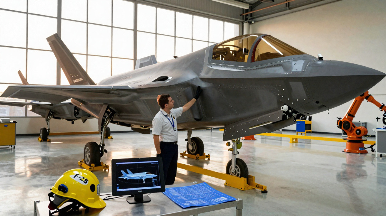 Ingenieur inspiziert modernsten Kampfjet in heller Flugzeughalle mit Robotik-Werkzeugen und Monitor.