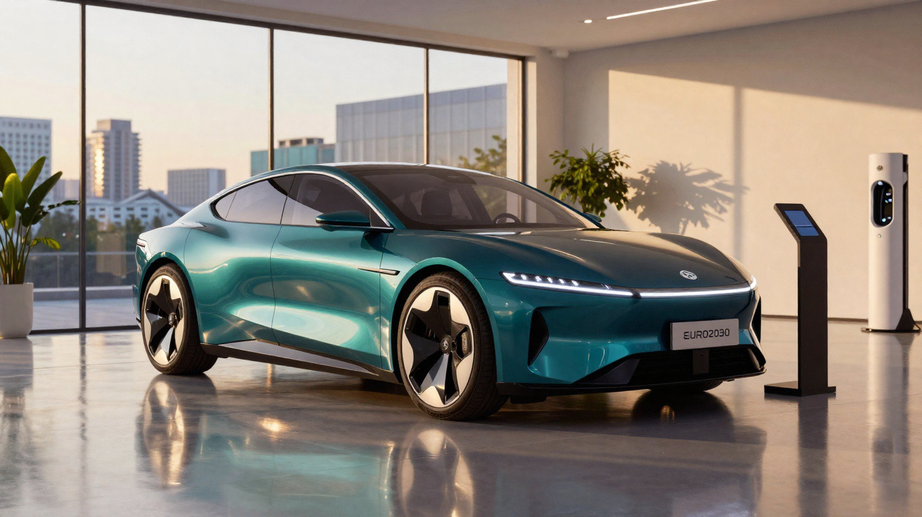 Grünes Elektroauto in modernem Showroom, sonnige Atmosphäre, Ladestation und grosse Fenster mit Stadtblick.