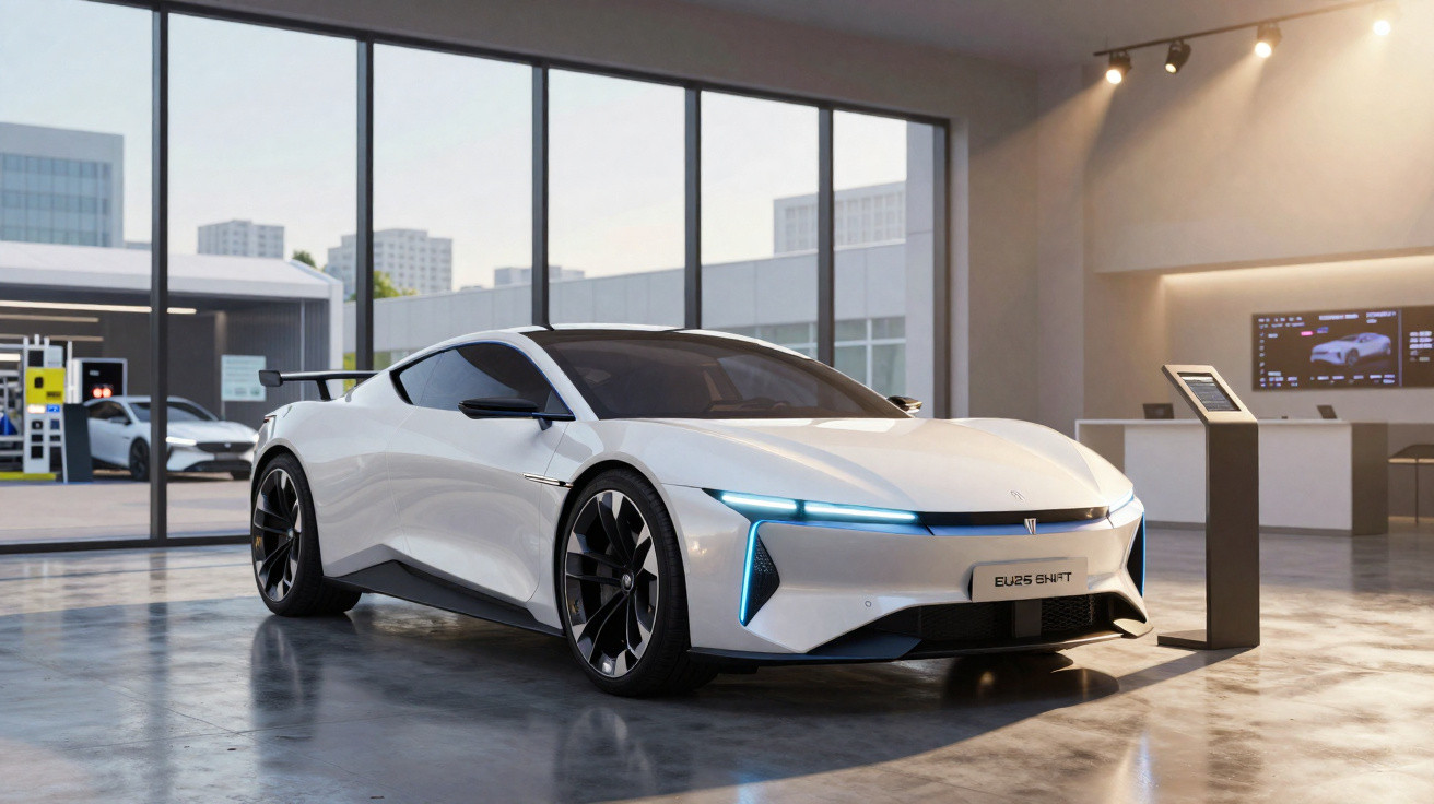 Weisser, futuristisch designter Elektro-Sportwagen in moderner Ausstellungshalle mit grossen Fenstern.