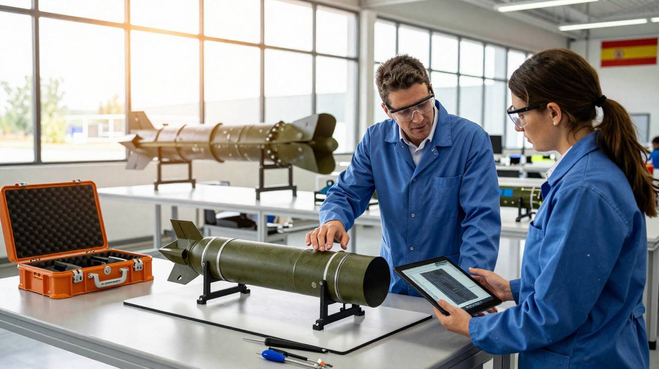 Zwei Ingenieure in blauen Schutzanzügen prüfen eine Rakete in einem hellen Labor mit spanischer Flagge.