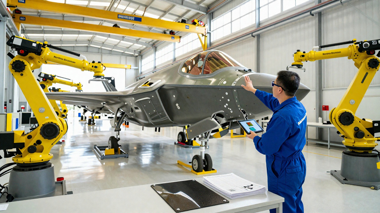 Fabrikarbeiter kontrolliert Kampfjet-Rumpf mit Tablet, umgeben von gelben Industrierobotern in Werkstatt.