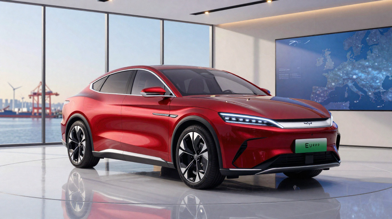 Rotes Elektroauto steht in modernem Showroom mit grossen Fenstern und Blick auf Hafenanlagen.