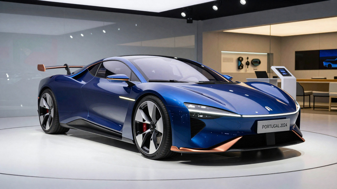 Blauer Sportwagen mit modernem Design und aerodynamischen Linien, ausgestellt in einer hellen Galerie.