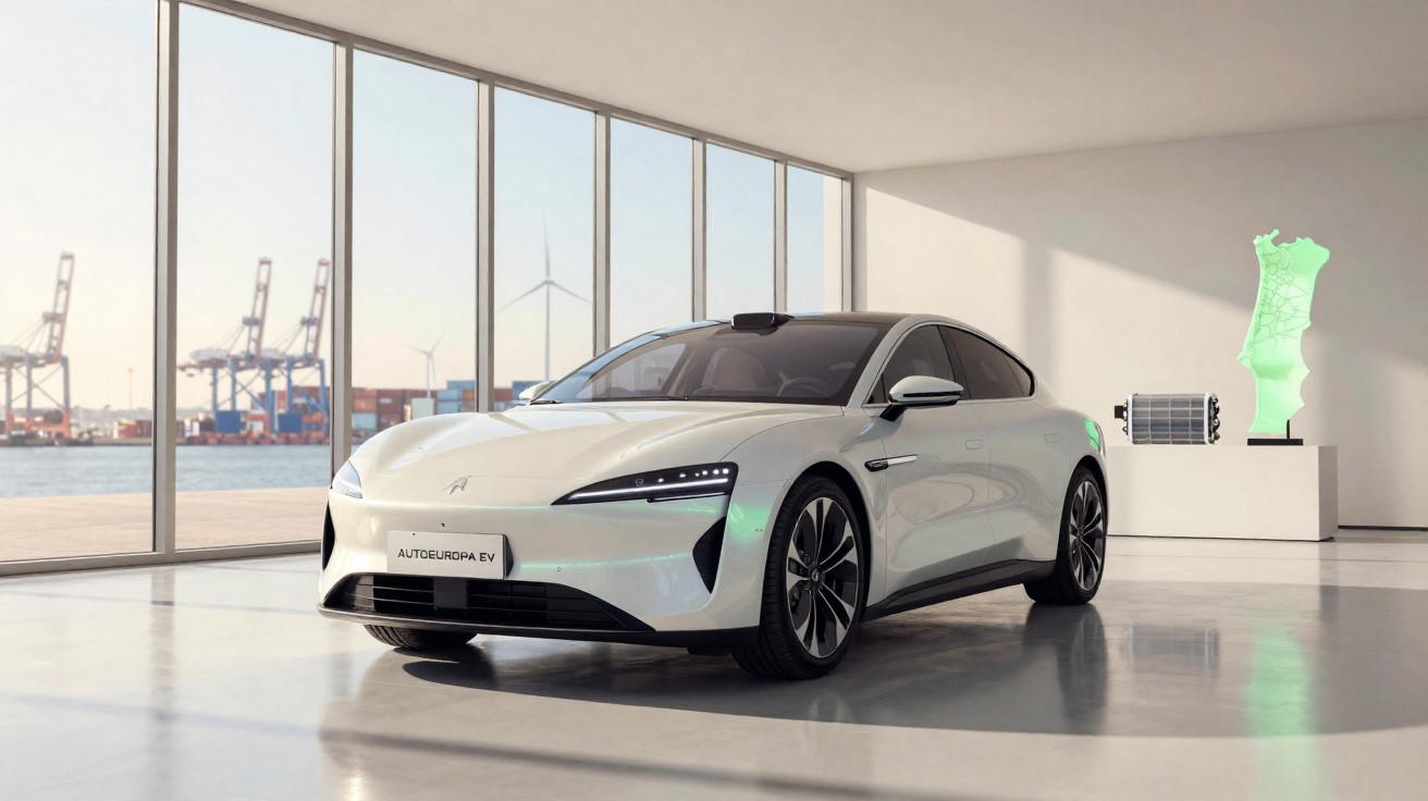 Weisser elektrischer Sportwagen in modernem Showroom mit Hafen und Windrädern im Hintergrund.