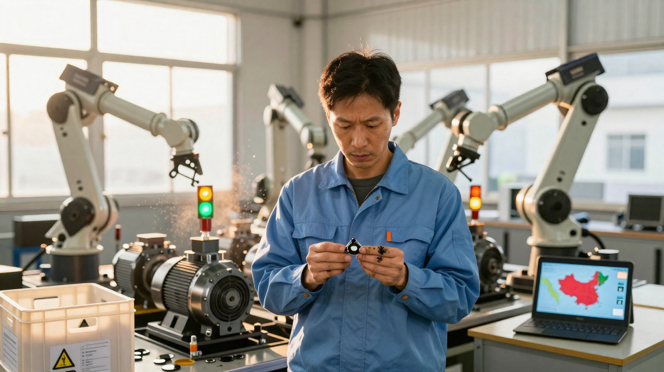 Techniker im blauen Overall prüft Bauteil in Roboterwerkstatt mit Laptop und Roboterarmen im Hintergrund.