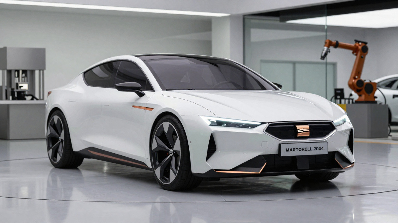 Weisser Martorell 2024 Elektroauto steht in modernem, hellem Showroom mit Robotern im Hintergrund.