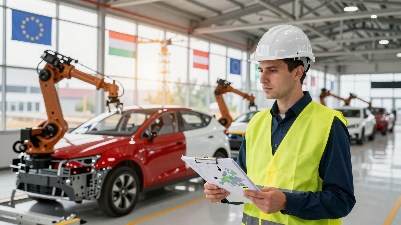 Ingenieur mit Schutzhelm und Warnweste kontrolliert Elektroauto-Produktion in moderner Fabrikhalle mit Robotern.