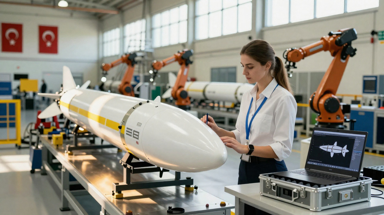Ingenieurin arbeitet an einer Rakete in einer modernen Fabrikhalle mit Roboterarmen im Hintergrund.
