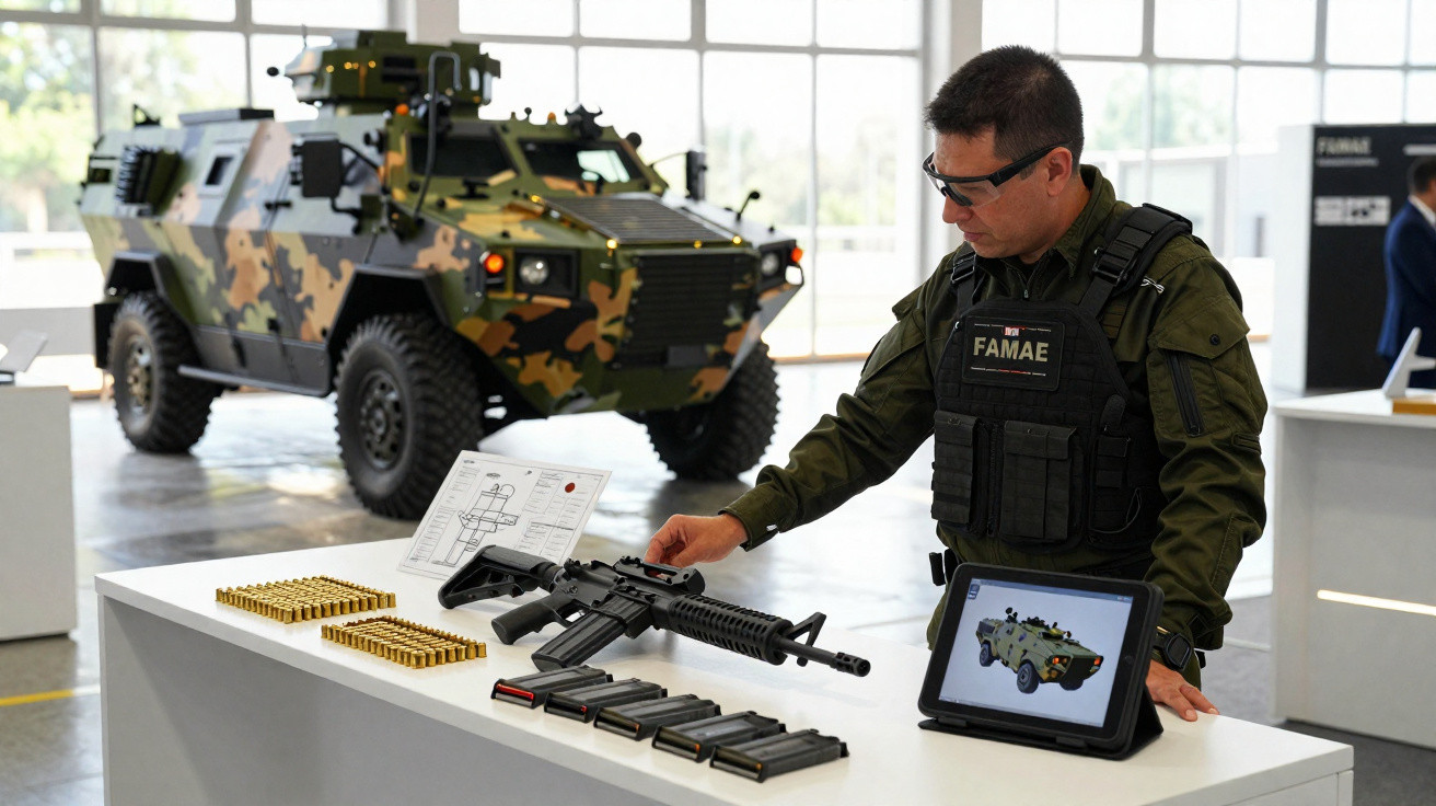 Mann in militärischer Ausrüstung zeigt Gewehr, Magazine und Munition vor gepanzertem Fahrzeug in Halle.