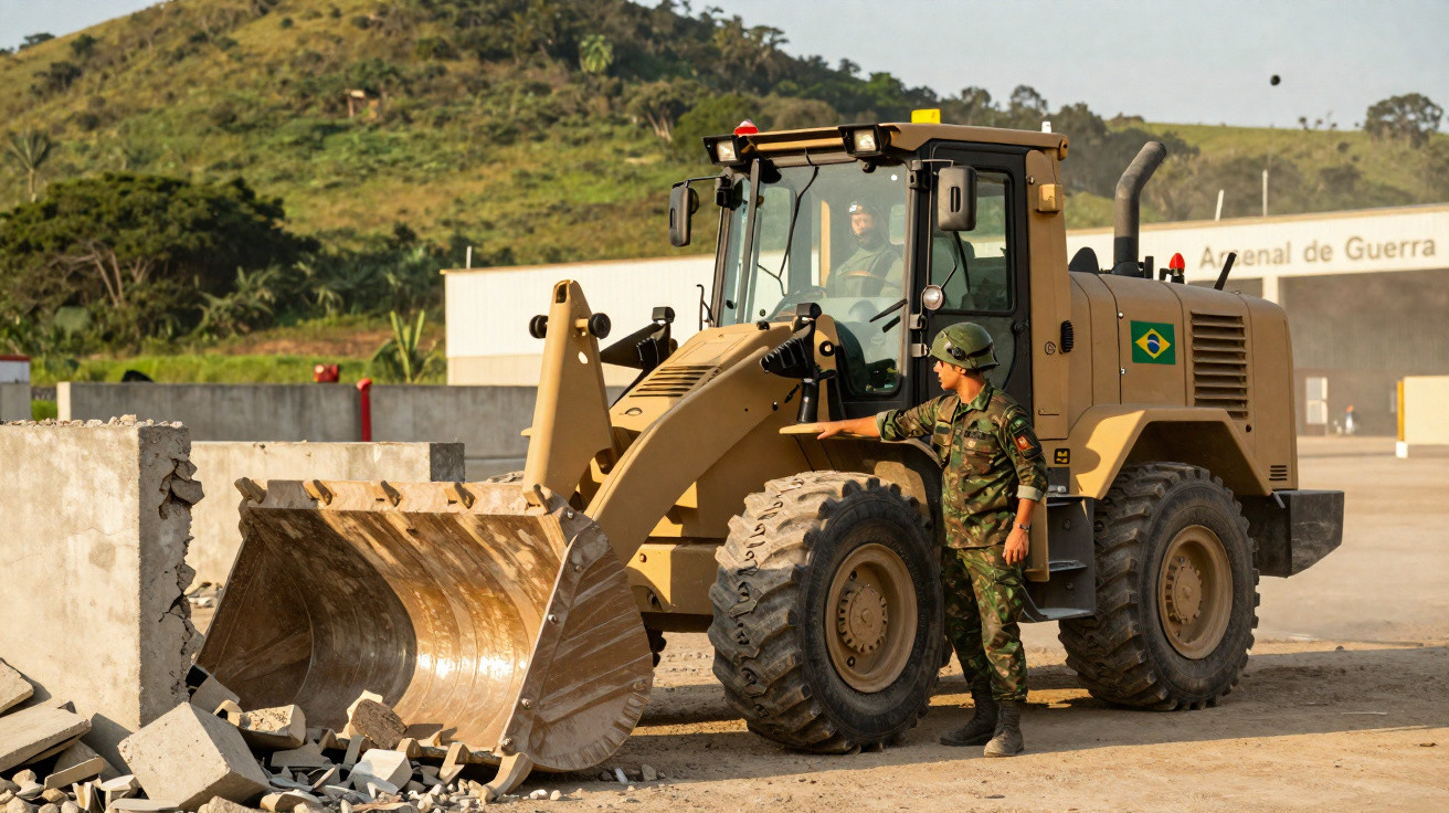 Militär in Uniform bedient Bagger mit brasilianischer Flagge, abgerissene Betonblöcke liegen davor.