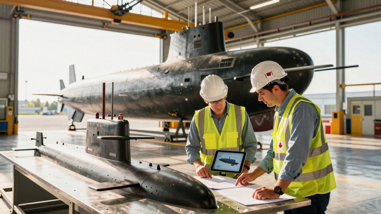 Zwei Ingenieure mit Schutzhelmen und Westen prüfen in Halle Pläne vor U-Boot-Modell und großem U-Boot im Hintergrund.