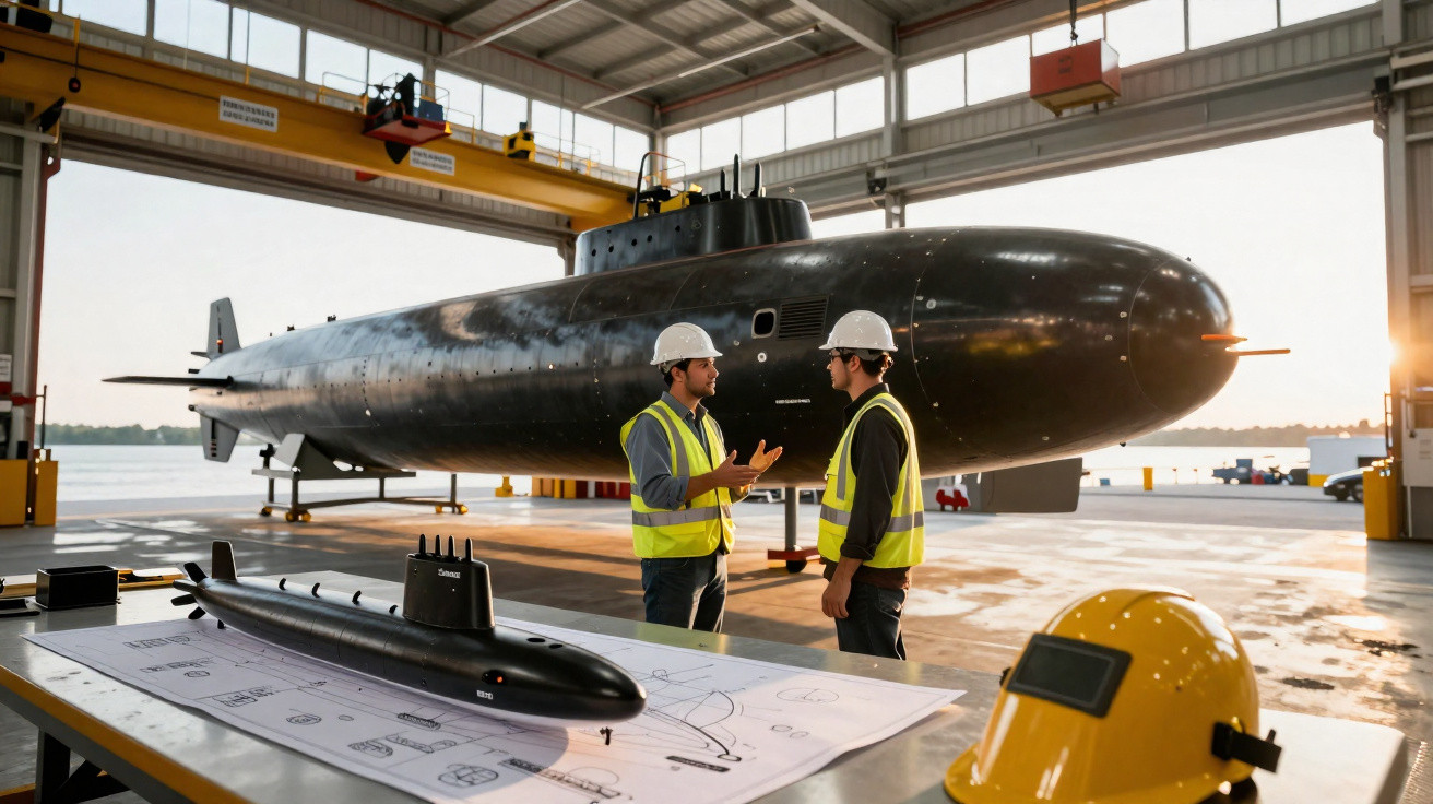 Zwei Ingenieure besprechen vor einem grossen U-Bootmodell in Werkshalle, technische Zeichnungen im Vordergrund.