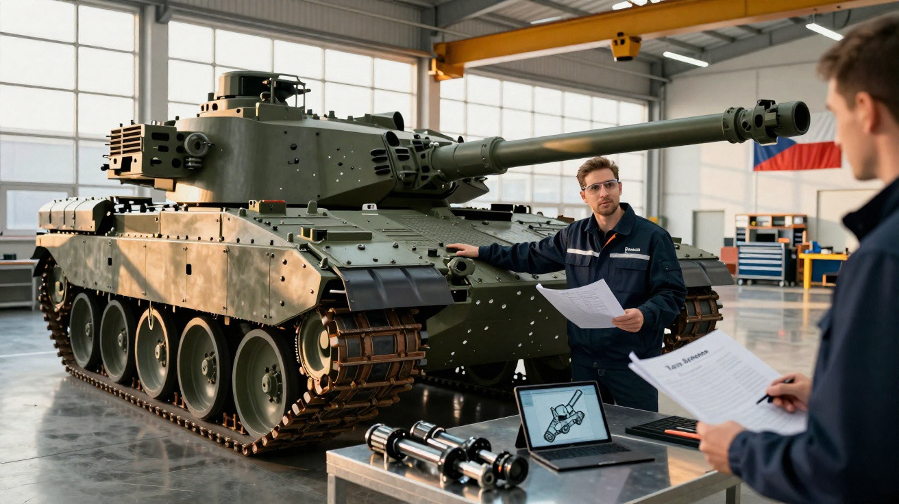 Zwei Techniker besprechen vor einem Militärpanzer im Werkstattgebäude technische Details mit Laptop und Dokumenten.
