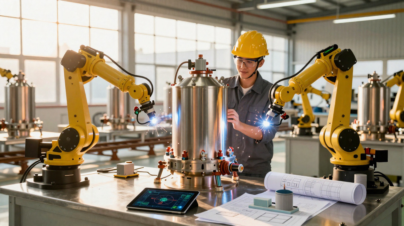 Fachperson mit Helm bedient Roboterarme bei der Metallverarbeitung in moderner Industrieumgebung.
