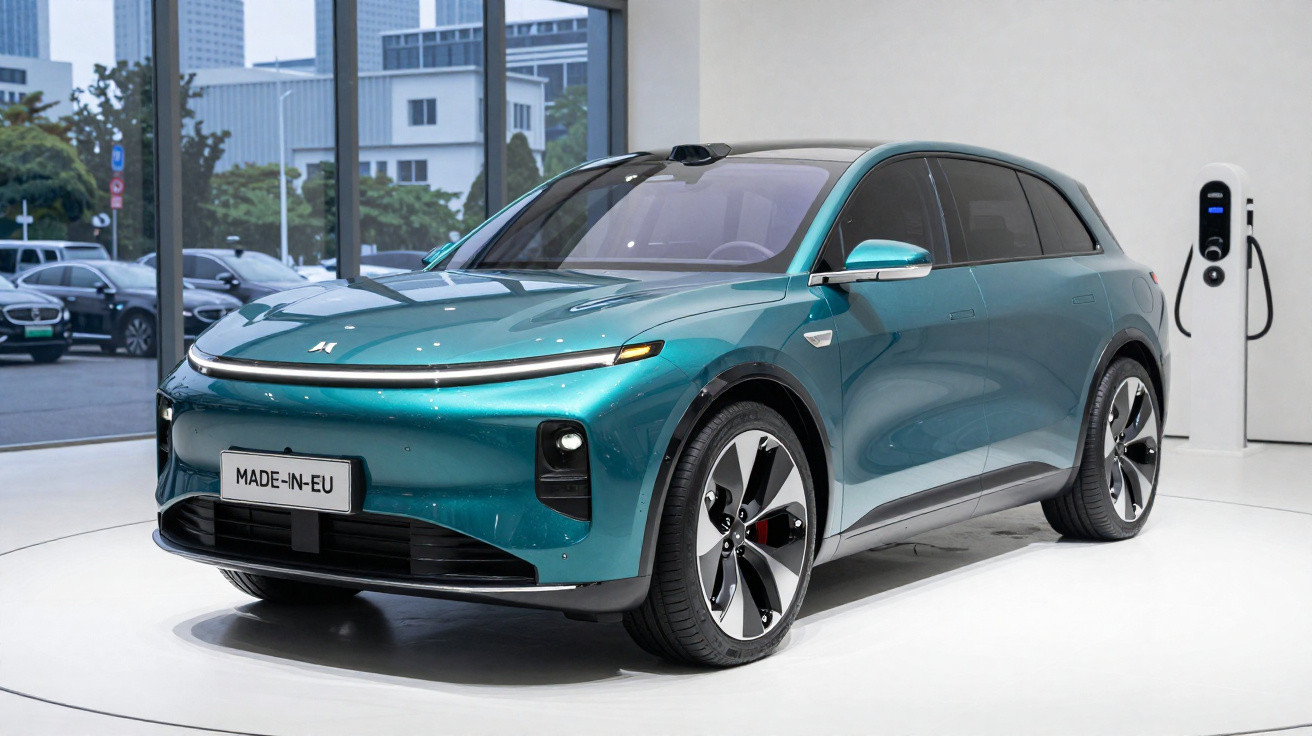 Blaugrünes Elektroauto in Ausstellungsraum, Ladestation an der Wand, EU-Kennzeichen sichtbar