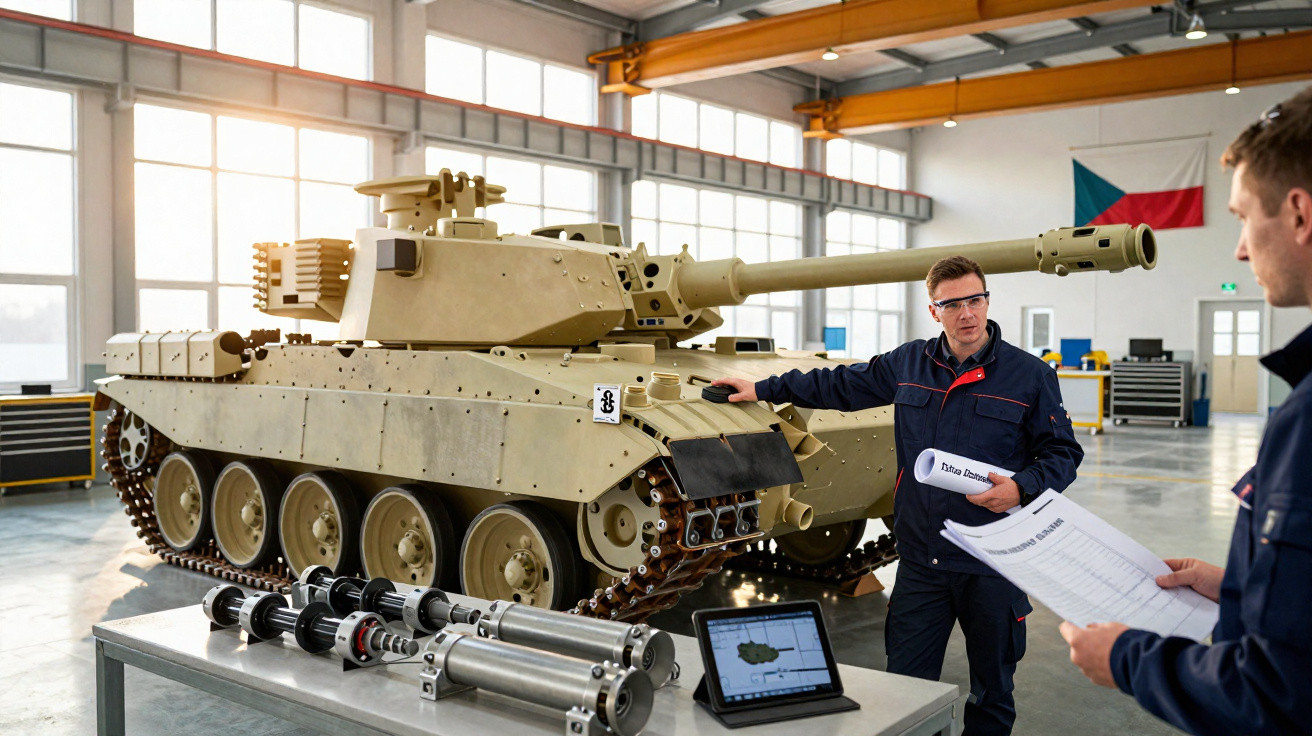 Zwei Techniker besprechen einen beigen Panzer im hellen Industriehallenraum mit technischen Komponenten.