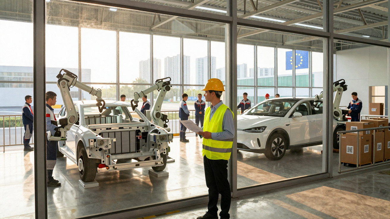 Mitarbeiter mit Helm und Warnweste überwachen Roboterarme, die in einer modernen Fabrikwagen an einem Elektroauto arbeiten.