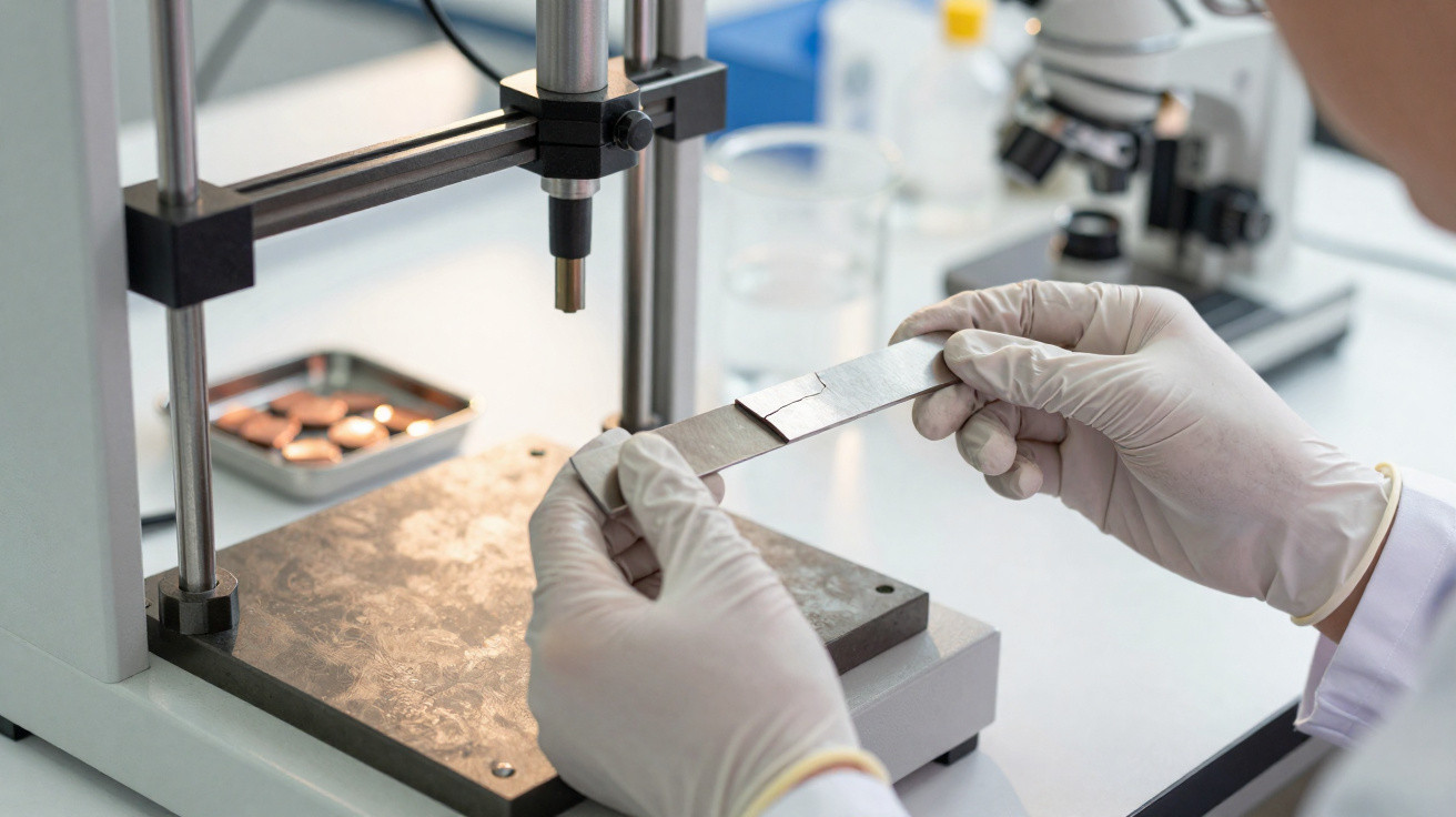 Laborantin mit Handschuhen testet Metallprobe an Prüfvorrichtung im Labor.