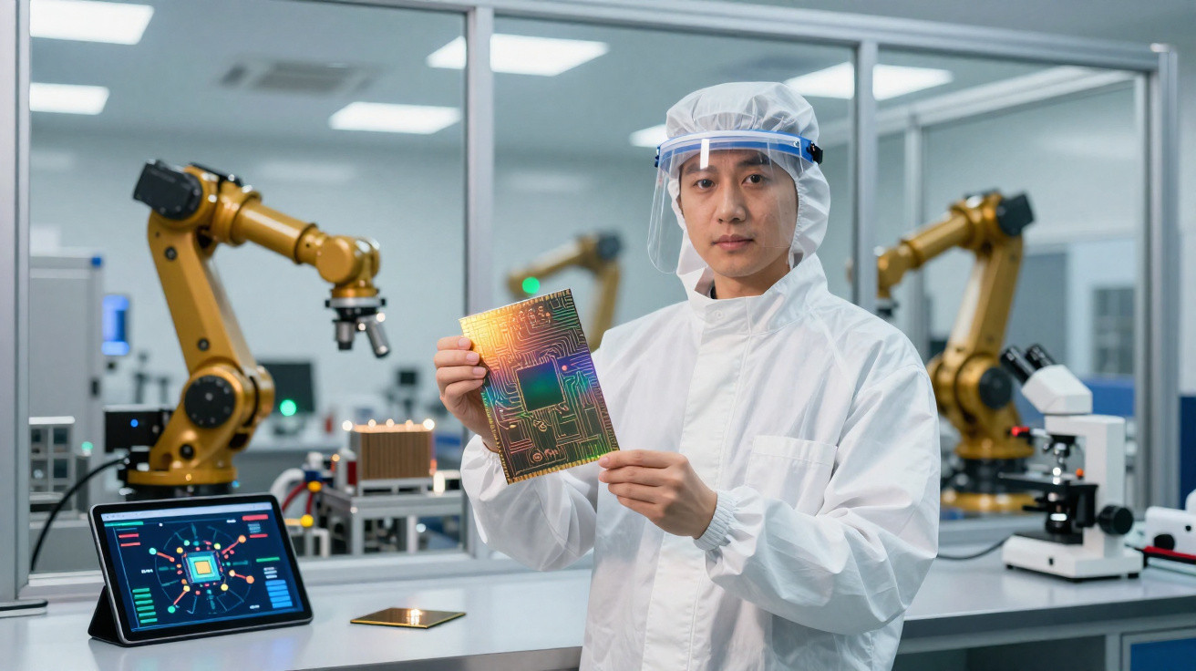 Forschungstechniker in Schutzkleidung hält leuchtende Schaltplatte in Hightech-Labor mit Robotern.