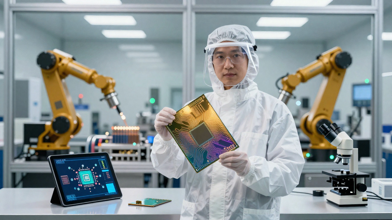 Forschende Person im Reinraum hält Leiterplatte, Roboterarme und Tablet mit Chip-Design im Hintergrund.