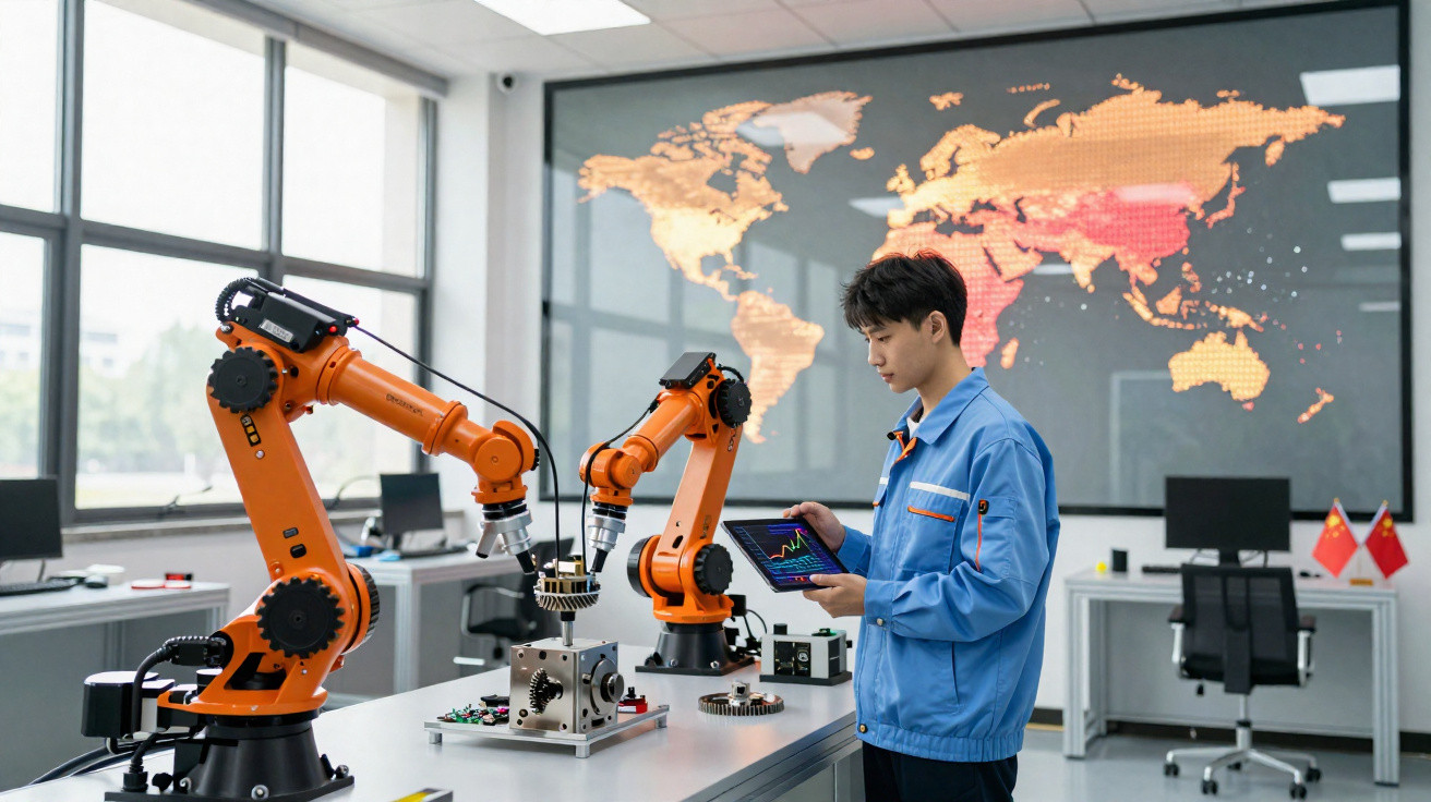 Ingenieur überwacht Roboterarme bei der Montage in modernem Labor mit Weltkarte im Hintergrund.