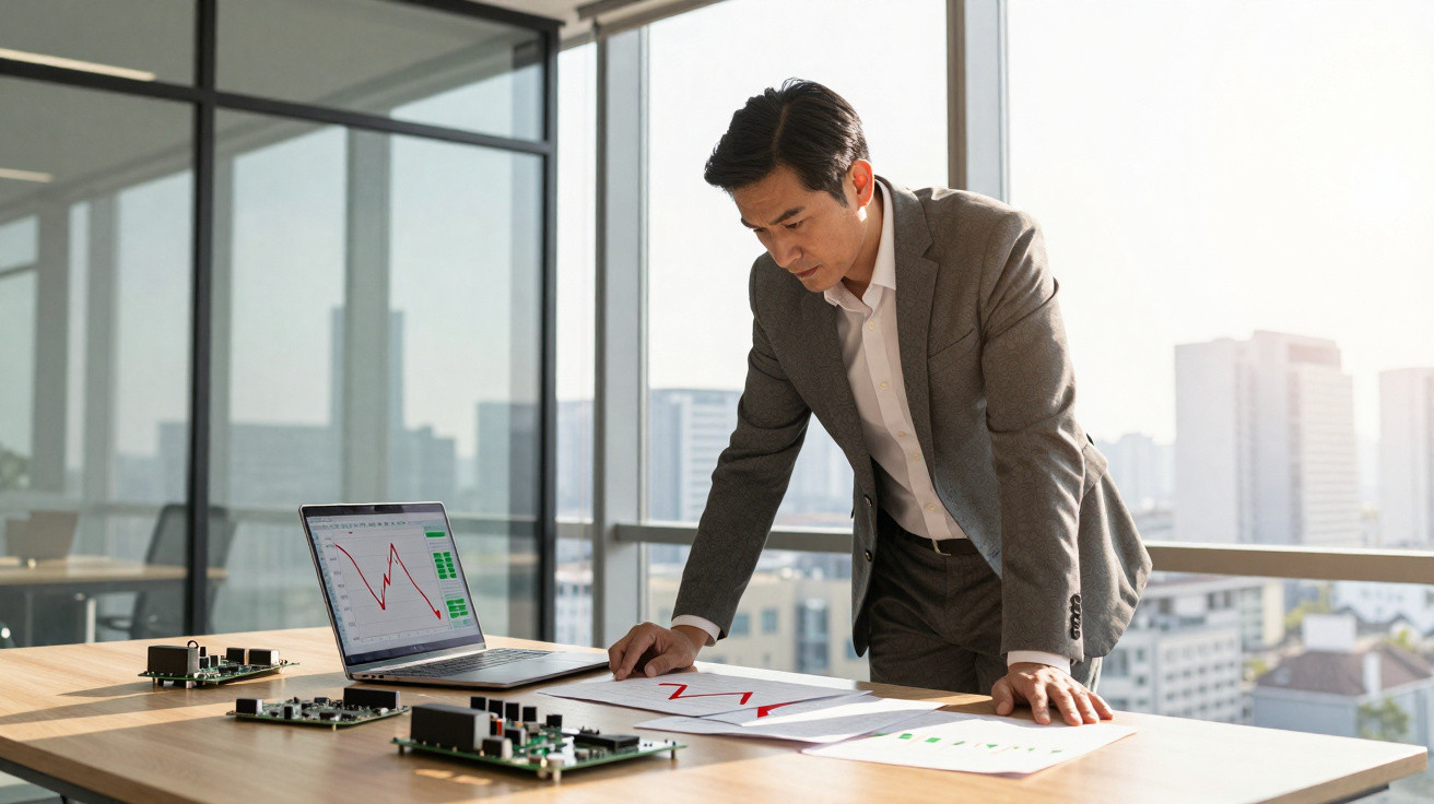 Geschäftsmann im Anzug analysiert Diagramme und Computerplatinen in hellem Büro mit Stadtblick.