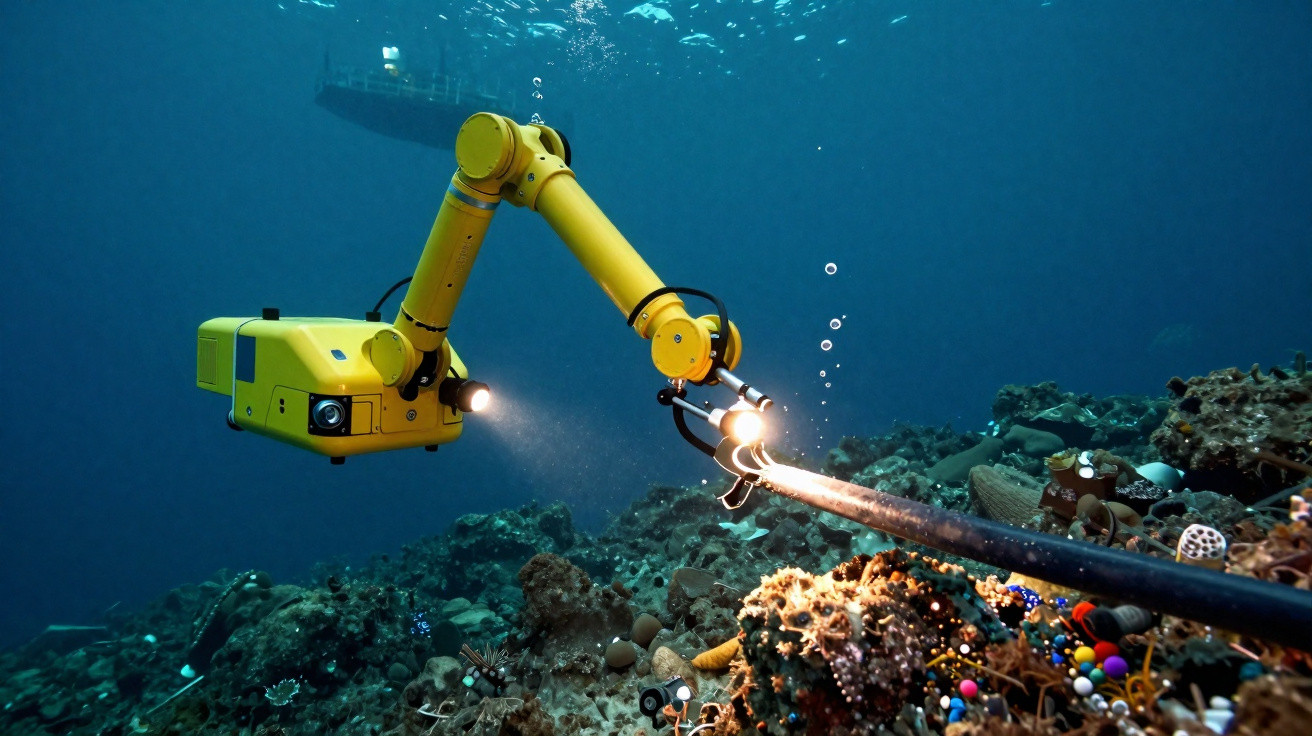 Gelber Unterwasserroboter mit Greifarm untersucht Kabel am Meeresboden mit Beleuchtung und Tauchboot im Hintergrund.