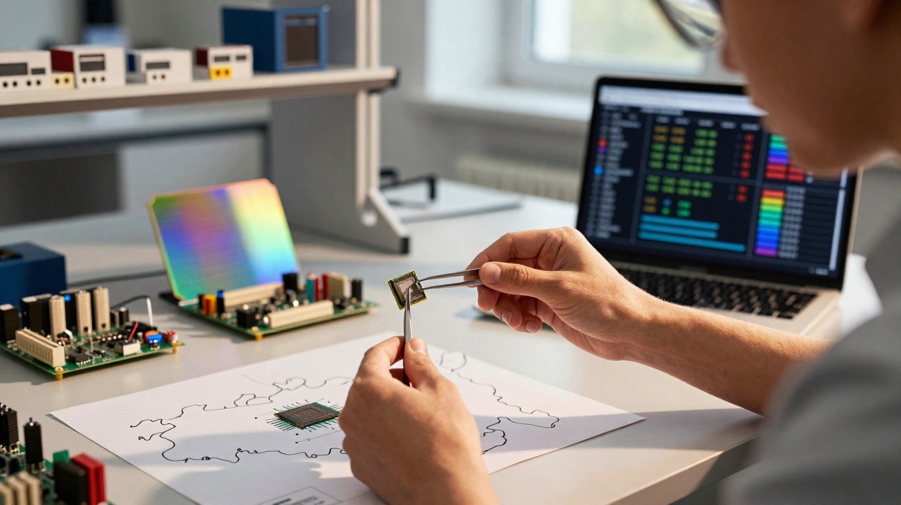 Person hält Mikrochips mit Pinzette über einen Schweiz-Konturenplan, Laptop mit Daten im Hintergrund