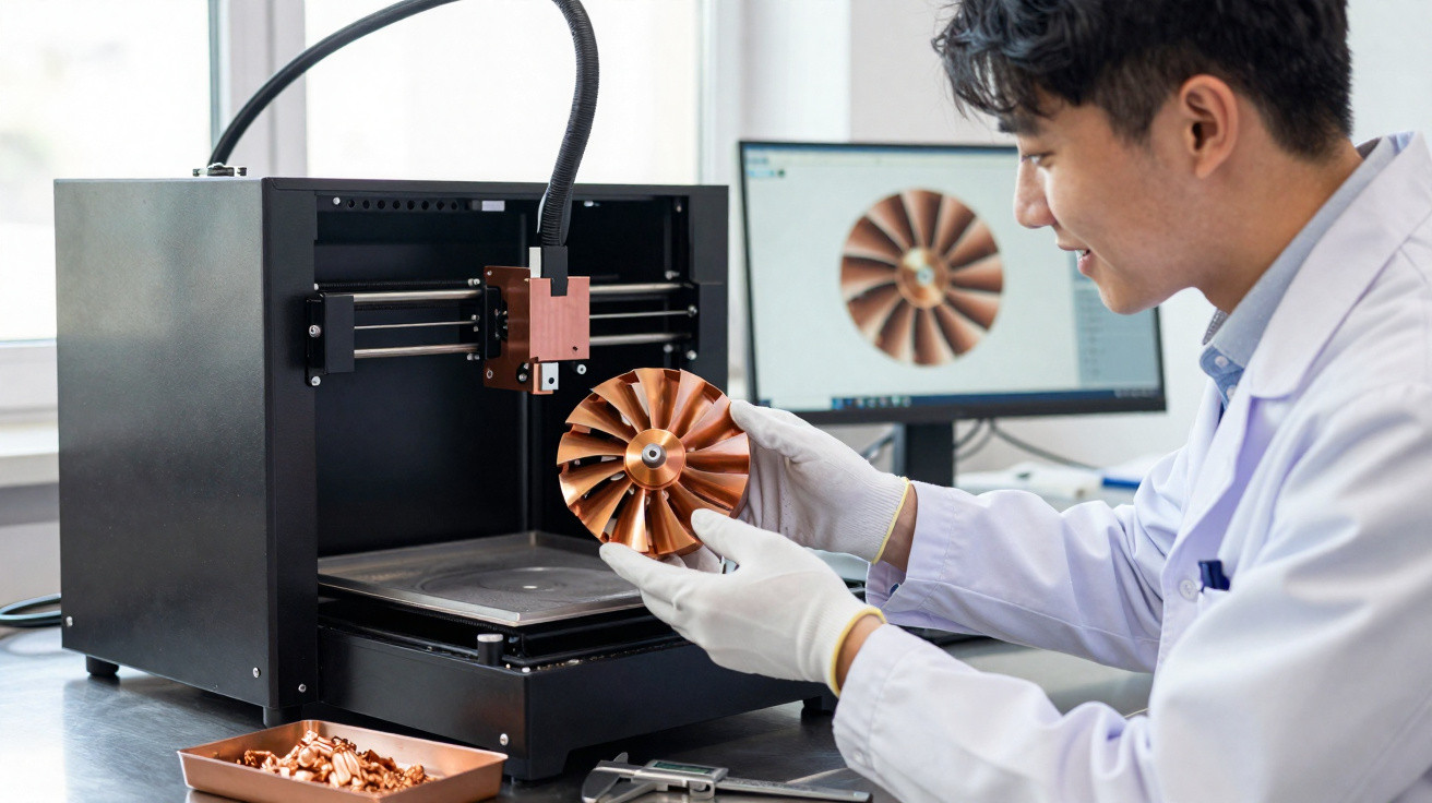 Wissenschaftler mit weissen Handschuhen hält ein kupferfarbenes 3D-gedrucktes Teil vor einem 3D-Drucker im Labor.