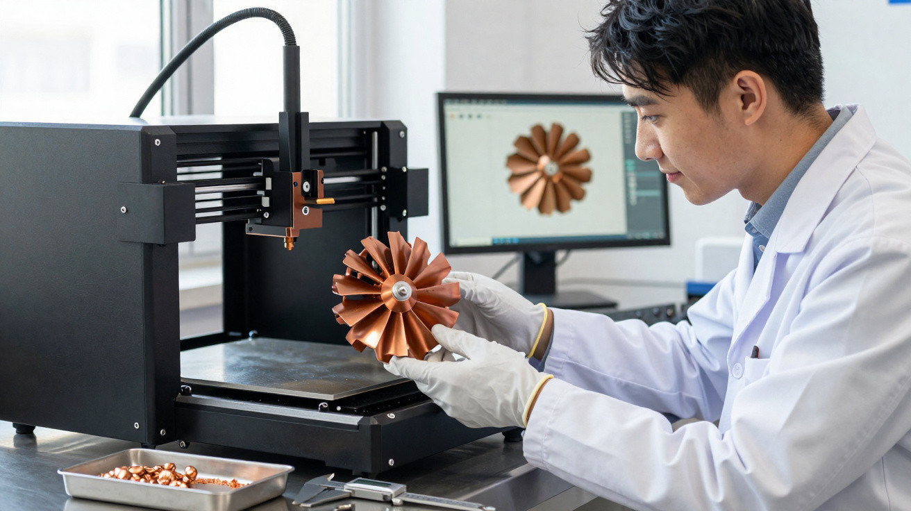 Ein Techniker überprüft ein kupferfarbenes 3D-gedrucktes Teil neben einem 3D-Drucker im Labor.