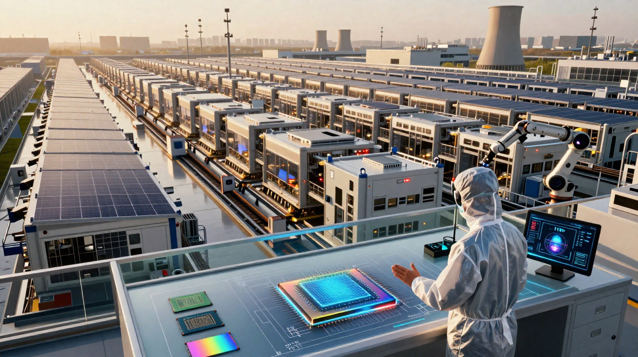 Fabrik mit Solardächern und Arbeiter in Schutzkleidung, der einen digitalen Chip auf einem transparenten Display überprüft.