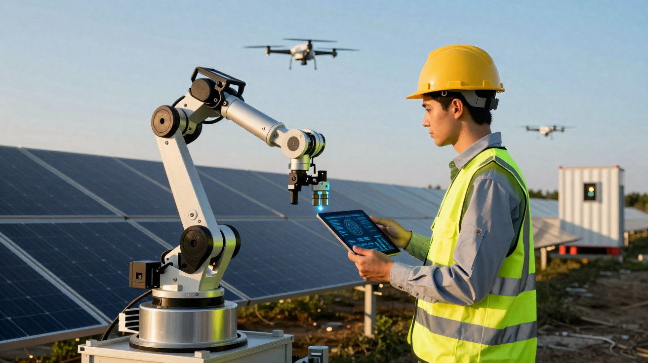 Ingenieur mit Helm und Tablet steuert Roboterarm bei Solarpanels, Drohnen fliegen im Hintergrund.