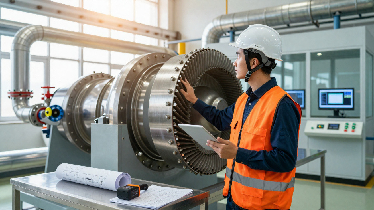 Ingenieur mit Helm und Tablet prüft grosse Industrieturbine in moderner Fabrikhalle.