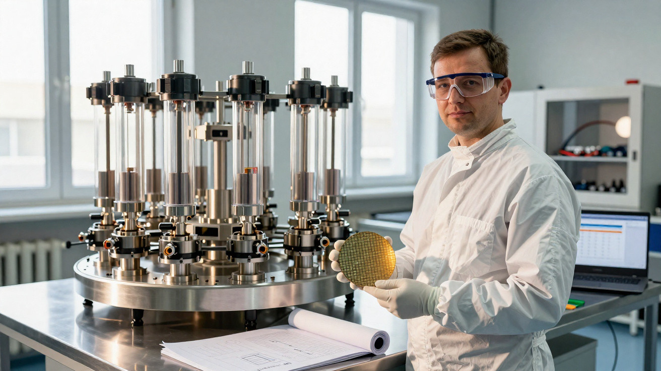 Wissenschaftler in Schutzbrille und Kittel hält einen Computerchip vor einem Reinraumgerät in Laborumgebung.