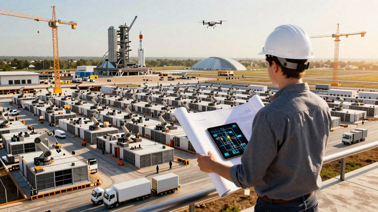 Ingenieur mit Helm überprüft Pläne und Tablet auf Baustelle mit modularen Gebäuden und einer Drohne.