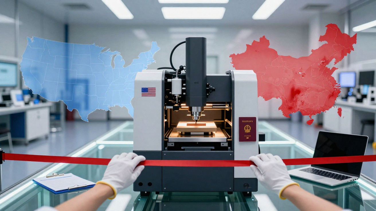 Laborgerät vor Karten von USA und China, Hände spannen rotes Band auf, moderner Arbeitsplatz im Hintergrund