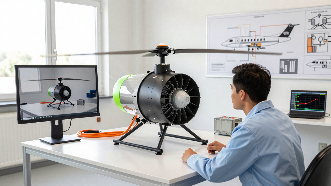 Ingenieur testet in Laborumgebung den Elektromotor eines Modellhubschraubers am Tisch mit Monitor und Diagrammen.